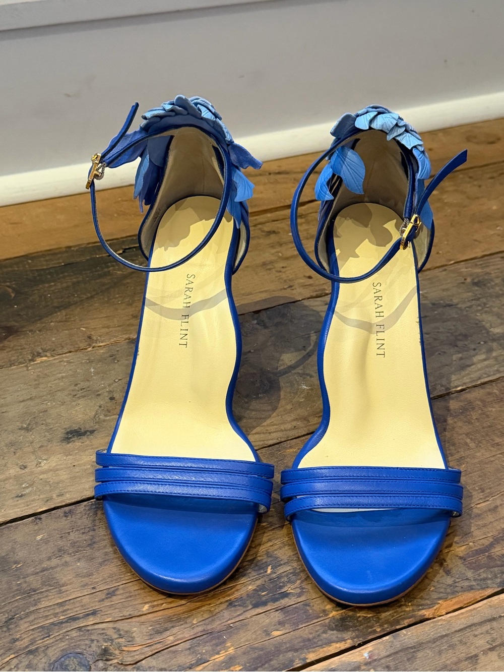 Sarah Flint Cobalt Blue Leather Ankle-Strap Sandals with Floral Heel